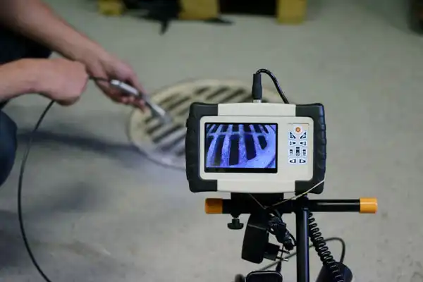 A person uses a camera inspection device to examine the inside of a drain, with the camera monitor displaying the drain grate.