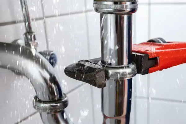 Water spraying from a leaking pipe joint while a wrench is being used to tighten the connection in a tiled bathroom setting.
