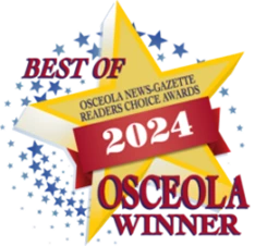 A gold star graphic with "Best of Osceola Winner," "2024," and "Osceola News-Gazette Readers Choice Awards" written on it.