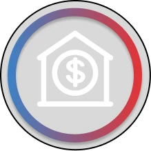 A circular icon with a white outline of a building containing a dollar sign, surrounded by a gradient red and blue border on a gray background.