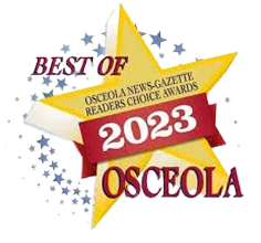 A gold star with “Best of Osceola 2023” and “Osceola News-Gazette Readers Choice Awards” text, surrounded by blue and silver stars.