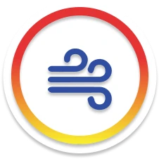 A blue wind symbol is centered inside a white circle, which is outlined by a gradient ring transitioning from red to yellow.