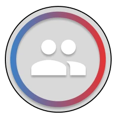 Gray circular icon with white silhouettes of two people inside, outlined by a border that transitions from blue on the left to red on the right.
