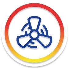 A blue fan icon is centered inside a white circle with a red and yellow gradient border.