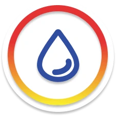 A blue outline of a water droplet is centered inside a white circle with a red and yellow gradient border.