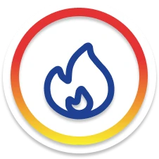 A blue flame icon is centered inside a white circle with a red, orange, and yellow gradient border.