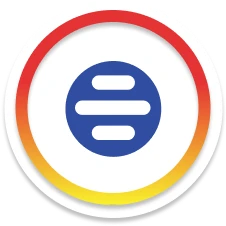 A blue circle with three white horizontal bars inside, surrounded by a gradient ring transitioning from red at the top to yellow at the bottom.