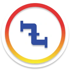 A blue pipe fitting icon inside a white circle with a red and yellow gradient border.