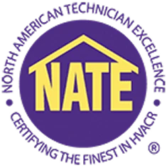 North American Technician Excellence (NATE) logo, featuring yellow text under a roof shape on a purple background, with certification wording around the border.