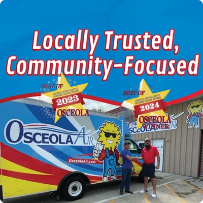 Two men shake hands in front of a colorful Osceola Air van, with text reading "Locally Trusted, Community-Focused" and "Best of Osceola" awards for 2023 and 2024.