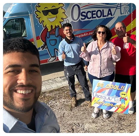 Four people stand smiling and giving thumbs up in front of an Osceola Air van. One person holds a "Be Cool!! Osceola Air" sign with a phone number.