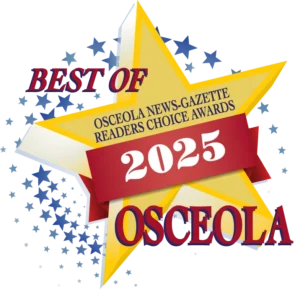 A yellow star with text: "Best of Osceola News-Gazette Readers Choice Awards 2025 Osceola," over a background of blue and white squares.