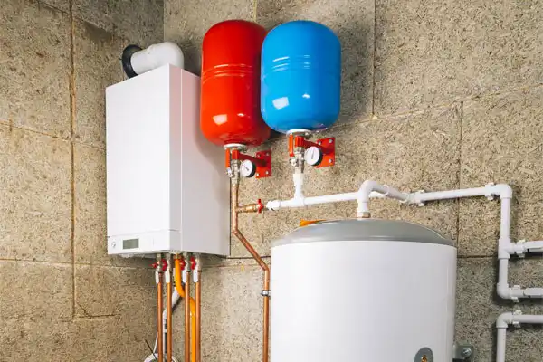 A heating system with a white boiler, red and blue expansion tanks mounted on the wall, and connected pipes installed in a utility room.