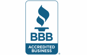 Better Business Bureau Accredited Business logo with blue torch icon above “BBB” and "Accredited Business" text below, enclosed in a rectangular border.